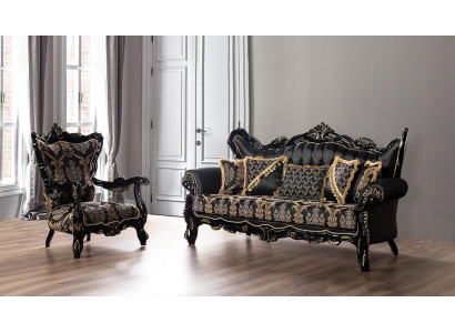 Conjunto de sofá de 2 piezas para la sala de estar con 3+1 asientos, sofá negro y sillón con estampado dorado.