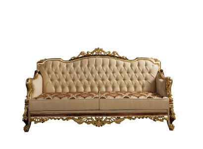 Sofá Chesterfield barroco de tres plazas en tela dorada.