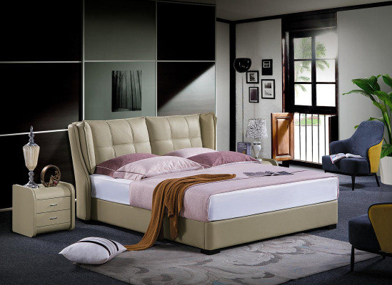 Clásica cama de dormitorio Beige Textil Camas Cuero Tapicería Doble 180x200cm.