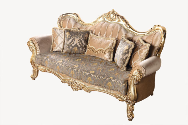Chesterfield barroco sofá de tres plazas tela dorada en español es: Chesterfield sofá barroco de tres plazas tela oro.