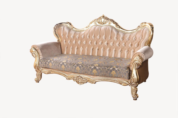 Chesterfield barroco sofá de tres plazas tela dorada en español es: Chesterfield sofá barroco de tres plazas tela oro.
