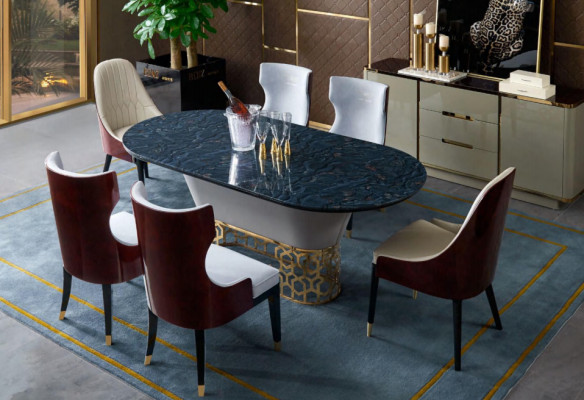 Mesa de comedor de metal de acero inoxidable de diseño de lujo para sala de estar en diseño de mármol.
