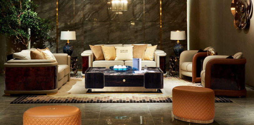 Conjunto de salón de lujo de 5 piezas. Sofá de cuero con luces, sofá tapizado.