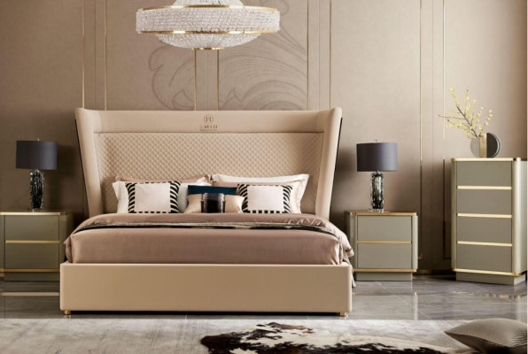Diseñador Dormitorio. Cama 2x mesitas de noche cómoda Set de 4 piezas. Nuevo