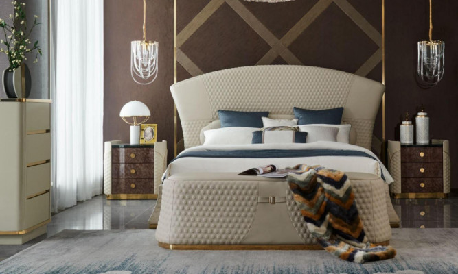 Dormitorio Cama Taburete 2x Mesita de noche Juegos completos Muebles de cuero