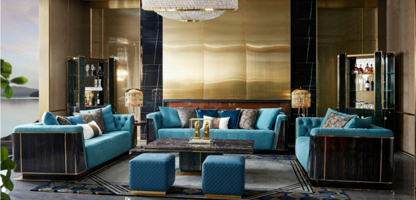 Muebles de lujo para la sala de estar con juego de sofá, mesa de centro y diseño de sofá.