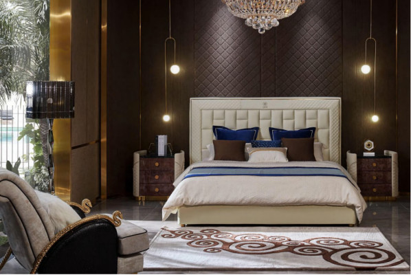 Diseño de cama de cuero con lujo de tapicería doble moderna matrimonial de 180x200.