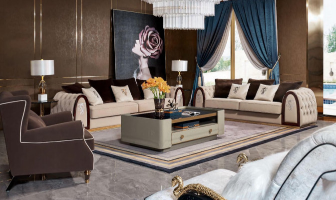 Diseño de sofá de lujo con asientos acolchados, sofá xxl, conjunto de 4+3 plazas Chesterfield.