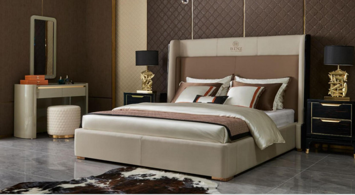 Conjunto de dormitorio con cama de diseño de lujo con 2 mesitas de noche y estructura de cama de 3 piezas.