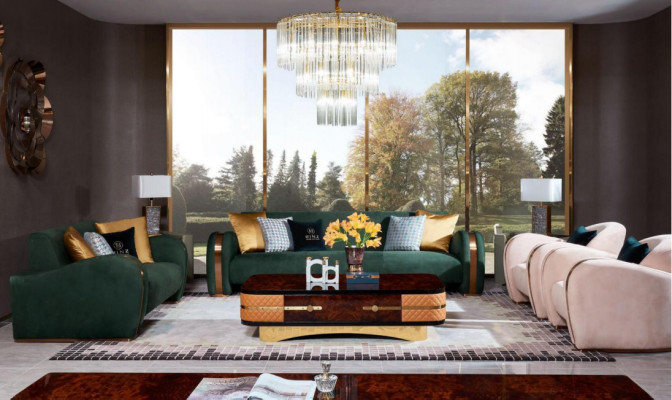 Juego de sofá de lujo de 4 piezas. Sofá de cuero Chesterfield acolchado conjunto.