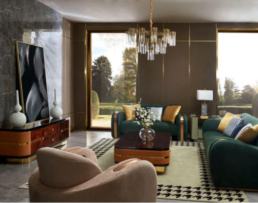 Juego de sofá de lujo de 4 piezas. Sofá de cuero Chesterfield acolchado conjunto.