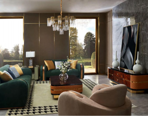 Juego de sofá de lujo de 4 piezas. Sofá de cuero Chesterfield acolchado conjunto.