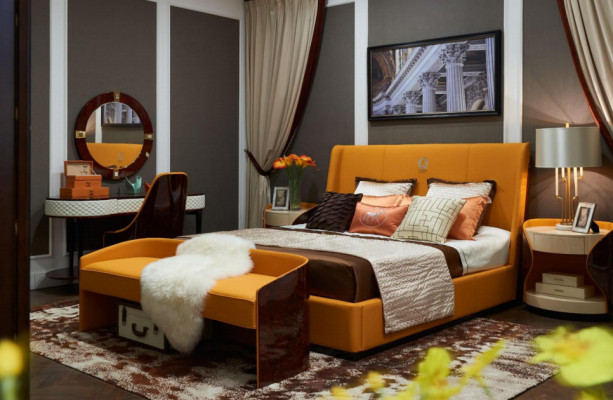 Dormitorio set de 7 piezas, muebles de lujo cama taburete espejo mesita de noche marcos de cama