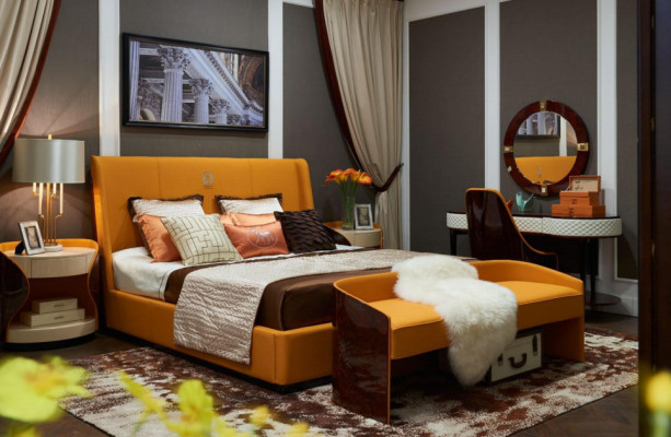 Habitación de lujo con cama doble de 180x200 cm de cuero nuevo para hoteles.