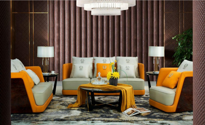 Sofá de lujo 3 plazas. Juego de diseño de sofá con cojines acolchados. Sofá moderno nuevo.