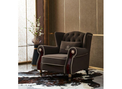 Elegante sillón tapizado en estilo Chesterfield, asiento de televisión, sala de estar, tela de lujo.