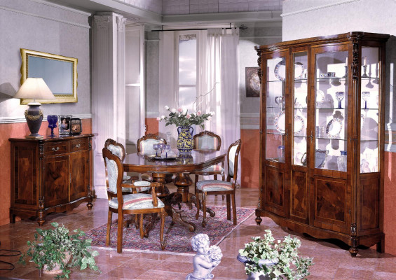 Conjunto de mesa de comedor de madera con sillas, muebles de comedor italiano.