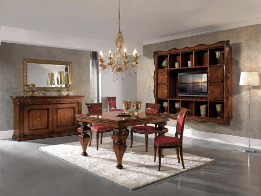 Diseño del juego de comedor de mobiliario de madera: cómoda, 4 sillas y mesa completo de 7 piezas.