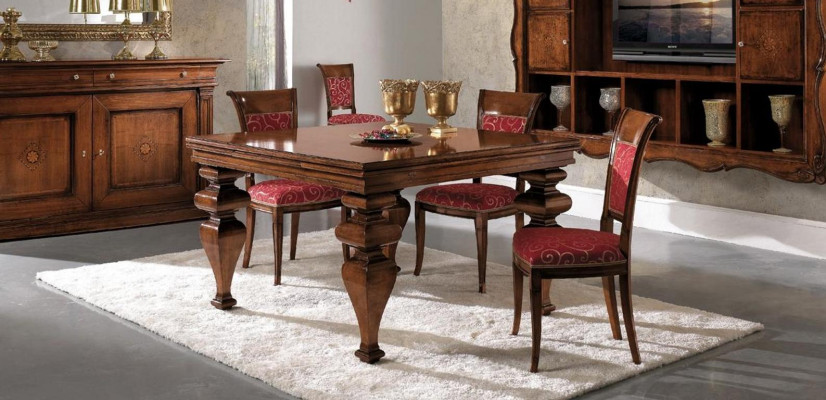 Diseño del juego de comedor de mobiliario de madera: cómoda, 4 sillas y mesa completo de 7 piezas.