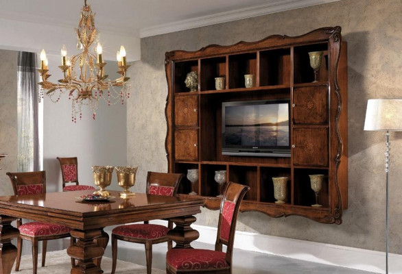 Diseño del juego de comedor de mobiliario de madera: cómoda, 4 sillas y mesa completo de 7 piezas.
