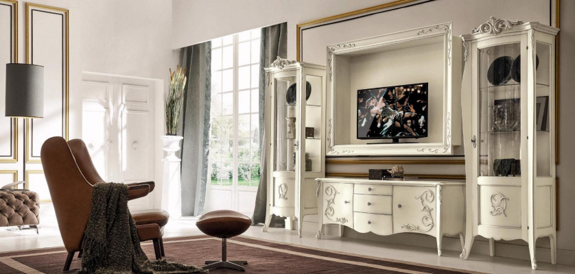 Juego de sala de estar de 4 piezas: vitrina de TV, aparador de TV, armario y mesa de sala de estar de madera.