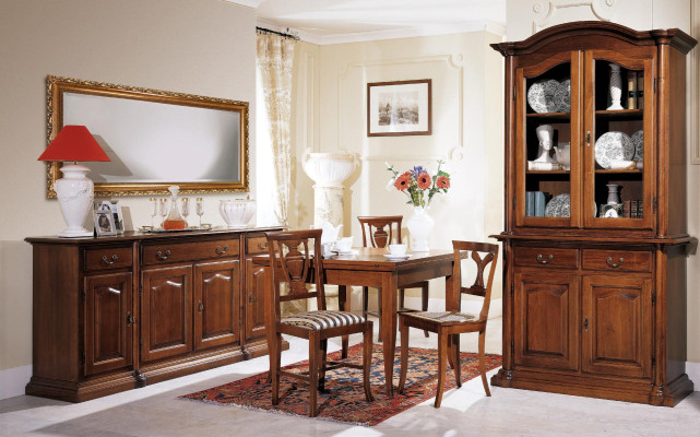 Diseño de comedor conjunto de muebles de madera de 6 piezas, 4 sillas, mesa, vitrina, grupo nuevo.