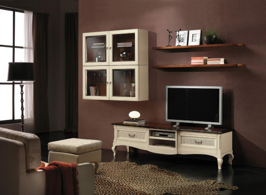 Conjunto de pared para sala de estar de 7 piezas; Moderno grupo de muebles de madera para sala de estar con mueble de TV, vitrina y estantería, nuevo.