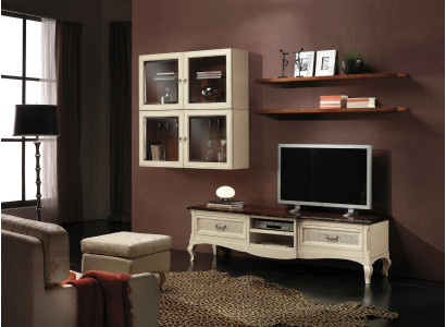 Conjunto de pared para sala de estar de 7 piezas; Moderno grupo de muebles de madera para sala de estar con mueble de TV, vitrina y estantería, nuevo.