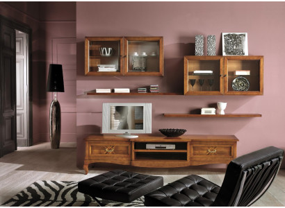 Conjunto de sala de estar: vitrina, TV, cómoda, mesa de centro, cómodas, armario, madera, nuevo, 7 piezas.