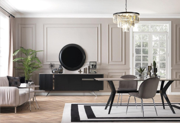 Sala de estar Aparador Espejo Credenza Madera con estilo de metal negro.