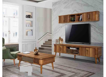 rtv tv Aparador de cuero de madera Mesa Armario de televisión Mesa Diseño Low 2 piezas. Conjunto Nuevo