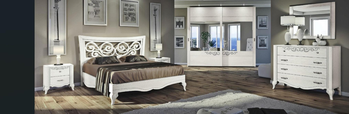 Juego de dormitorio de 6 piezas: cama, mesita de noche, armario, cómoda y espejo.