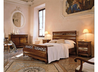 Set de muebles de dormitorio de 4 piezas. Cama, 2 mesitas de noche y cómoda. Diseño de madera maciza.
