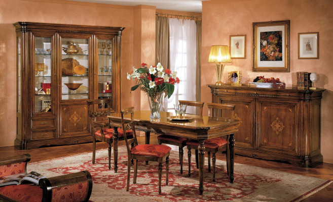 Set de comedor de diseño, juego de muebles de 7 piezas en madera, cómoda, 4 sillas, mesa y vitrina nuevos.