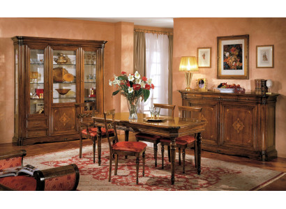 Set de comedor de diseño, juego de muebles de 7 piezas en madera, cómoda, 4 sillas, mesa y vitrina nuevos.
