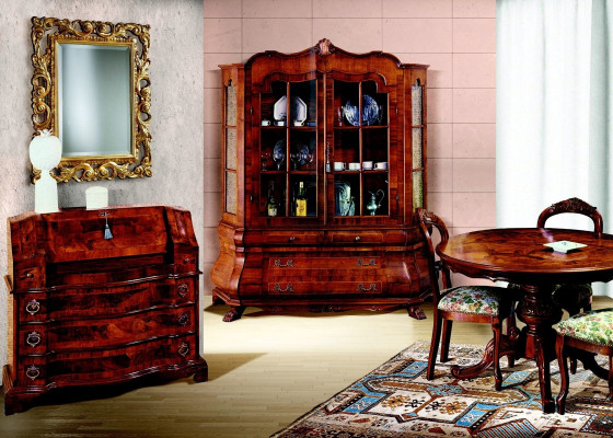 Conjunto completo de comedor: mesa, 3 sillas, vitrina, cómoda, juego de 6 piezas estilo barroco.