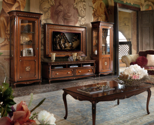 Conjunto de sala de estar de 4 piezas. Repisa de TV, cómoda, mesa de centro de madera. Conjunto de lujo decorativo.