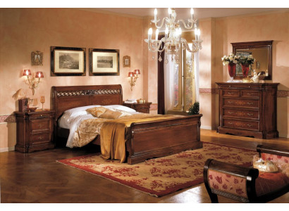 Conjunto de 5 piezas de mobiliario de dormitorio: cama, 2 mesitas de noche, cómoda con espejo, color marrón, nuevo.