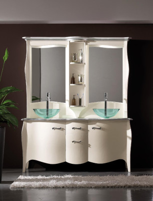 Lavabo clásico doble de madera con mueble de lavabo y espejo de pie