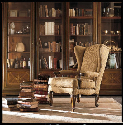 Silla de biblioteca, sillón de lectura, orejero, sofá, tapizado, muebles italianos, lujo.