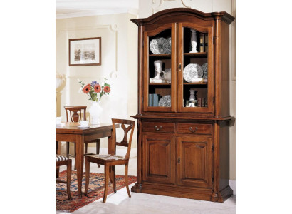 Mueble de salón de madera maciza con vitrinas de cristal y armario de madera noble.