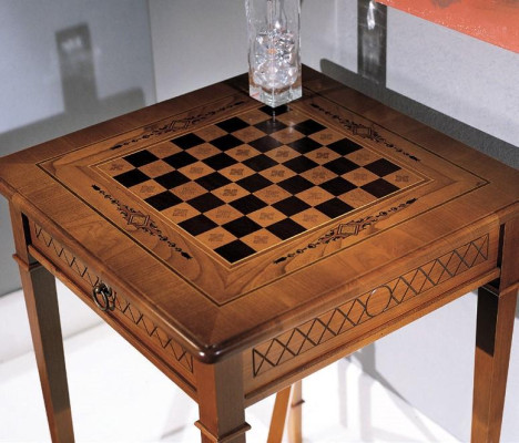 Mesa de juego de ajedrez con tablero de mesa y ajedrez de estudio en miniatura muebles de mesa de ajedrez.