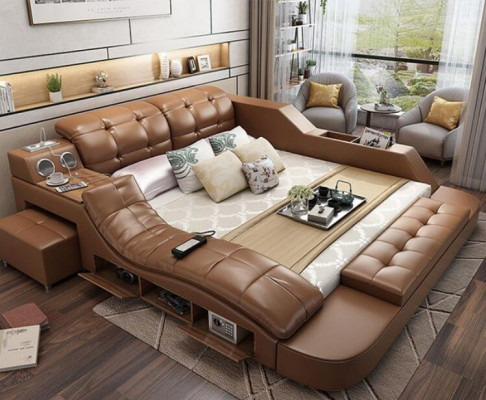 Doble cama de lujo de cuero + cama de cojín USB Moderno hotel función múltiple masaje