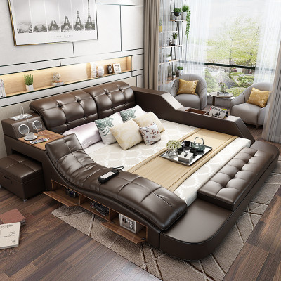 Doble cama de lujo de cuero + cama de cojín USB Moderno hotel función múltiple masaje