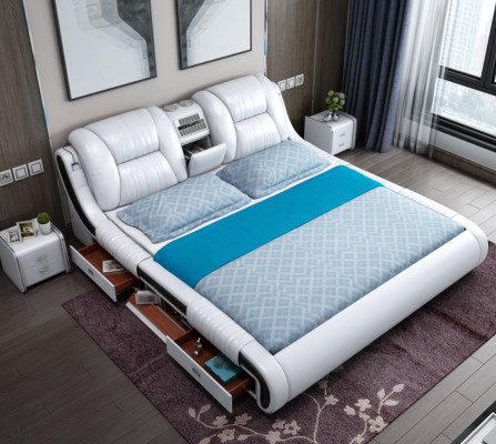 Sofá cama multifunción XXL para dormitorios grandes con caja USB, hotel, cuero, cojines y cajones.