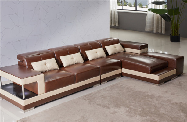 Sofá de esquina de cuero conjunto de sala de estar moderno Sofá en forma de L de color marrón.
