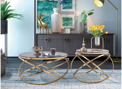Diseñador de mesa de acero inoxidable de metal + mesa auxiliar de mármol artificial para sofá de 2 piezas.