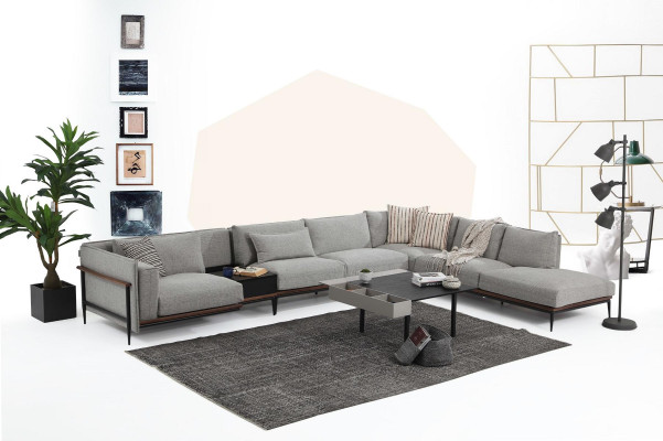 Sofá de esquina en forma de L Gris Sofá moderno de diseño de tela de poliéster para la sala de estar XXL