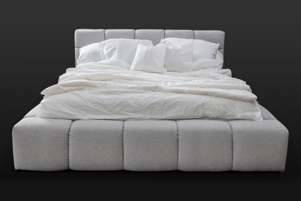 Cama gris dormitorio doble diseño de lujo elegante tapizado tela nuevo.