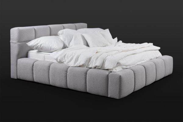 Cama gris dormitorio doble diseño de lujo elegante tapizado tela nuevo.